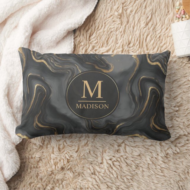 Custom Grey Black and Gold Glitter Marble Pattern  Lumbar Cushion (Blanket)