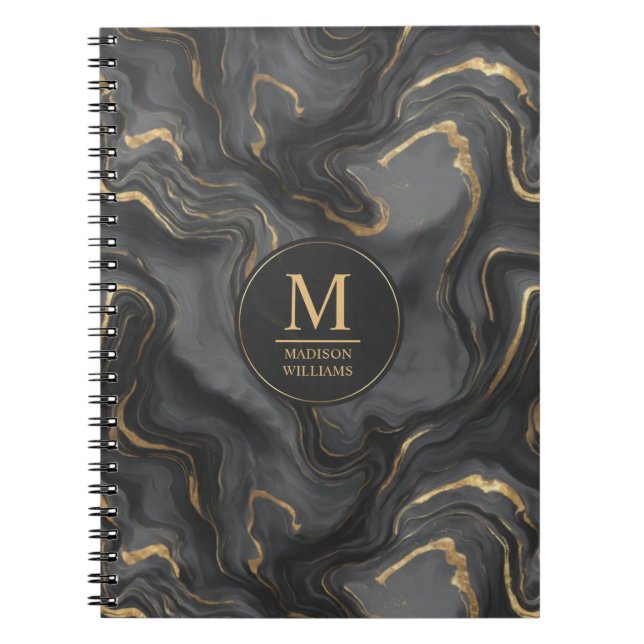 Custom Grey Black and Gold Glitter Marble Pattern  Notebook (Front)