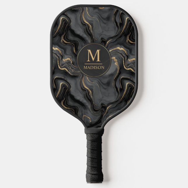 Custom Grey Black and Gold Glitter Marble Pattern Pickleball Paddle (Front)