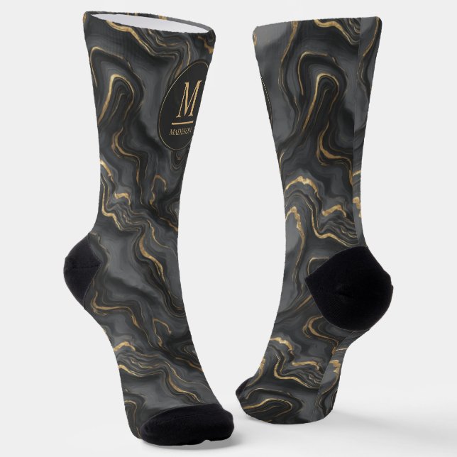 Custom Grey Black and Gold Glitter Marble Pattern  Socks (Angled)