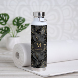 Custom Grey Black and Gold Glitter Marble Pattern Water Bottle