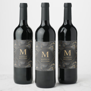 Custom Grey Black and Gold Glitter Marble Pattern Wine Label