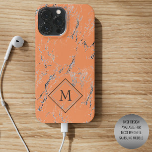 Custom Grey Black Marble Pattern On Salmon Orange iPhone 16 Pro Max Case