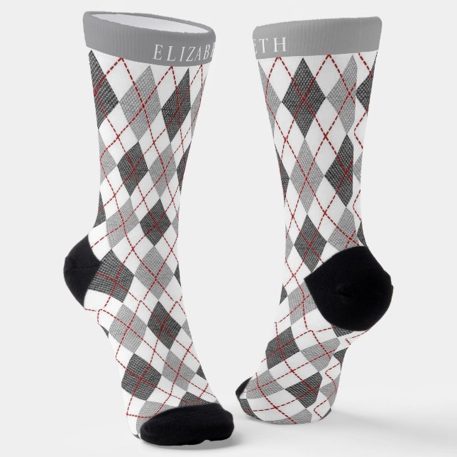 Custom Grey Black White Red  Argyle Pattern Socks (Angled)