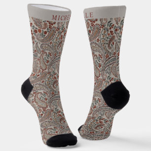 Custom Grey Brown Red Paisley Pattern Socks
