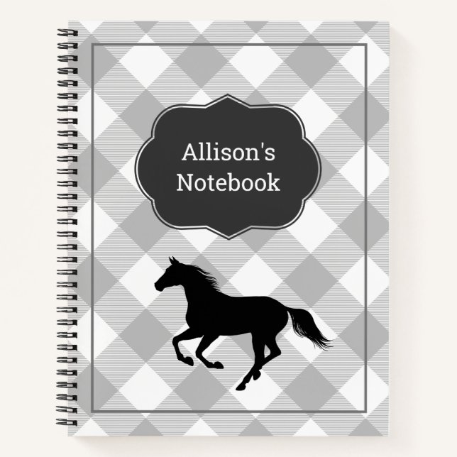 Custom Grey Buffalo Plaid Horse Pony Notebook (Front)