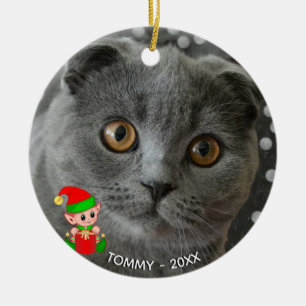 Custom Grey Cat Photo with Cute Elf Ceramic Ornament