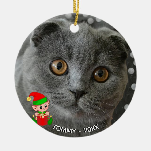 Custom Grey Cat Photo with Cute Elf Ceramic Ornament (Front)