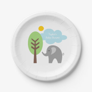 Custom grey elephant disposable baby shower plates