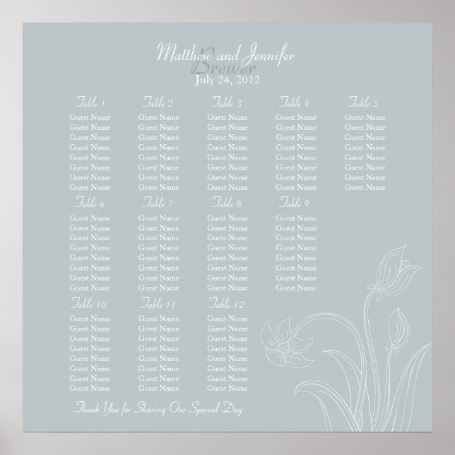 Custom Grey Floral Wedding Reception Seating Chart (Front)
