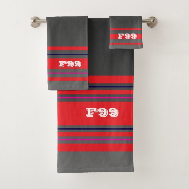 Custom grey gradient Red stripes Sporty style Bath Towel Set (Insitu)