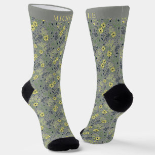 Custom Grey Green Floral Yellow Flowers Socks