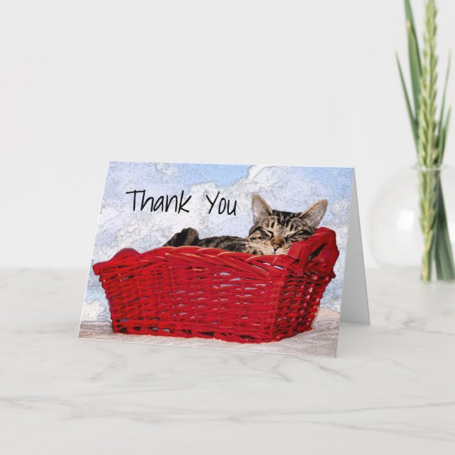Custom Grey Kitten Sleeping in Red Basket Photo Thank You Card (Front)