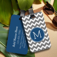 Custom Grey Navy Blue Chevron Pattern Monogram