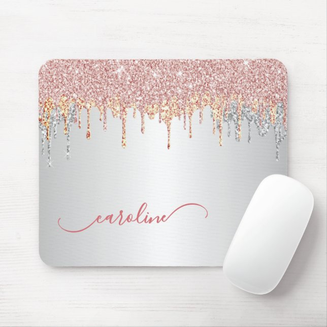 Custom Grey Silver Blush Pink Rose Gold Glitter Mouse Pad (With Mouse)