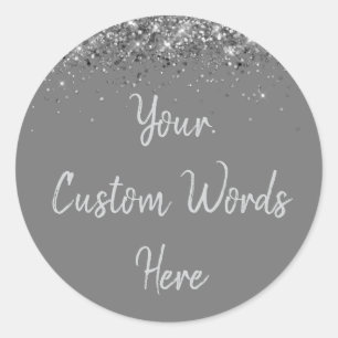 Custom Grey & Silver Glitter Birthday Party Favour Classic Round Sticker