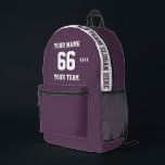 Custom grimace purple Name, Number, Team Sport Printed Backpack<br><div class="desc">Create your own custom grimace purple and white Sport Football Style Printed Backpack with Name, Number, Team Name, Slogan and Year. Personalise this simple classic Printed Backpack template with your custom message, name, team name and year. Easily personalise it for a cool sport keepsake. Create your unique personalised gift for...</div>