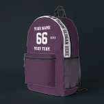 Custom grimace purple Name, Number, Team Sport Printed Backpack<br><div class="desc">Create your own custom grimace purple and white Sport Football Style Printed Backpack with Name, Number, Team Name, Slogan and Year. Personalise this simple classic Printed Backpack template with your custom message, name, team name and year. Easily personalise it for a cool sport keepsake. Create your unique personalised gift for...</div>