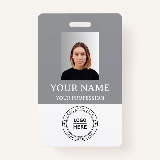 Custom Gris Employee Badge with Photo, Logo, QR ID Badge (Front)