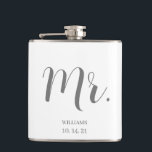 Custom Groom Script Wedding Hip Flask<br><div class="desc">A modern white and grey personalised script custom Mr. Groom name wedding dated flask. Personalise this for a wedding party gift keepsake,  and or an engagement gift.</div>