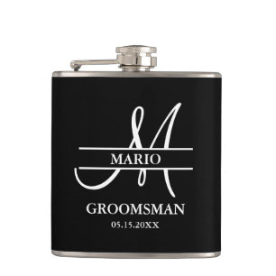 Custom Groomsman Best Man Wedding Monogram Black  Hip Flask