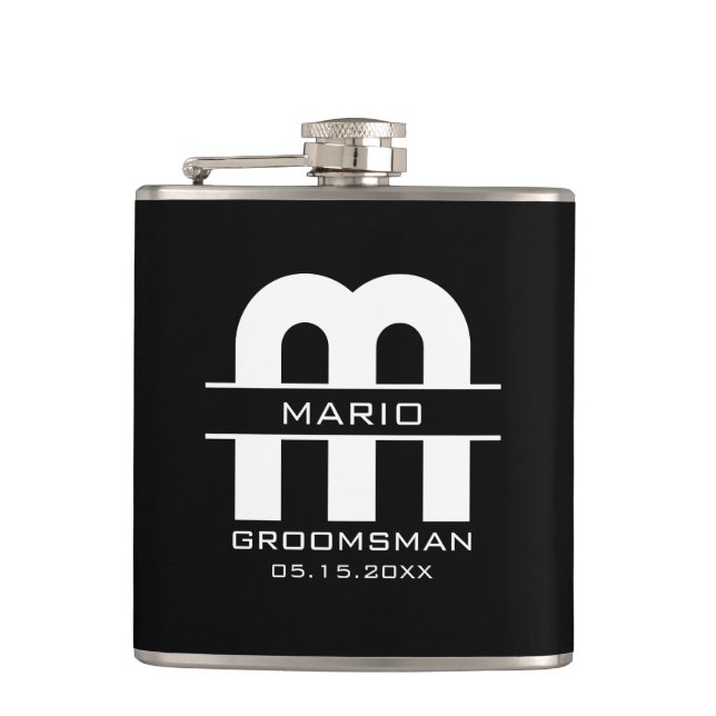 Custom Groomsman Best Man Wedding Monogram Black  Hip Flask (Front)
