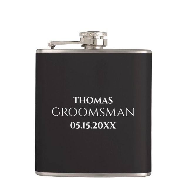 Custom Groomsman Best Man Wedding Monogram Black  Hip Flask (Front)