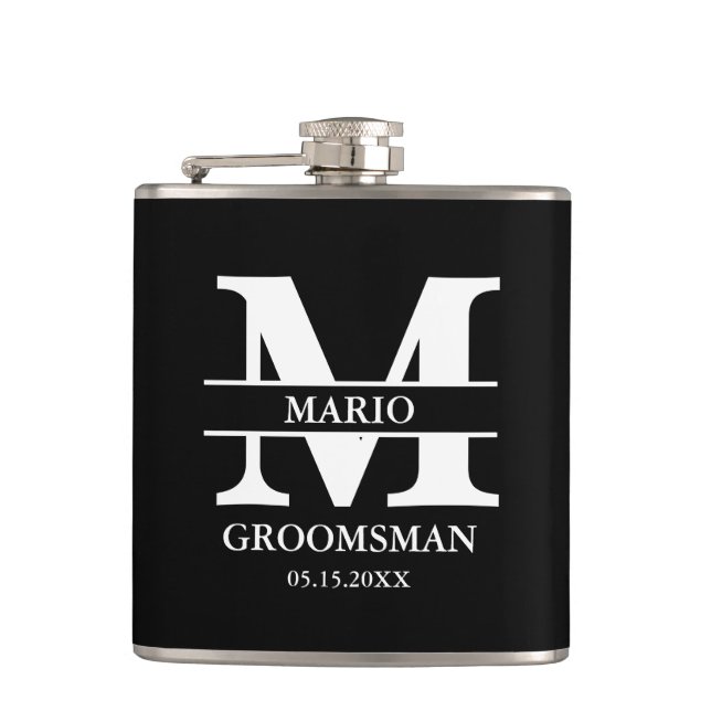 Custom Groomsman Best Man Wedding Monogram Black  Hip Flask (Front)