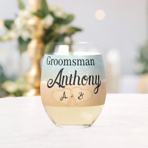 Custom Groomsman gift Beach Wedding Heart Sand Stemless Wine Glass
