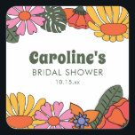 Custom Groovy Pink Orange Floral Bridal Shower  Square Sticker<br><div class="desc">This square sticker features a vibrant retro floral border with bold blooms in pink, orange, and yellow on a white background. The whimsical botanical design is paired with groovy 70s inspired typography for a playful and nostalgic aesthetic. A sophisticated way to personalise bridal shower favours or as a unique addition...</div>