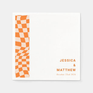 Custom Groovy Retro Orange Chequerboard Wedding Napkin