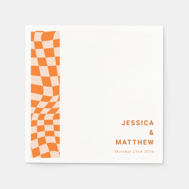 Custom Groovy Retro Orange Chequerboard Wedding Napkin (Front)