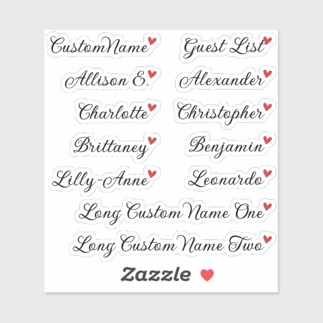 Custom Guest List 12 Names Calligraphy Red Heart (Sheet)