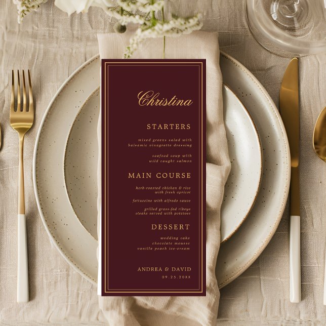 Custom Guest Name Burgundy Gold Place Card Menu (Creator Uploaded)