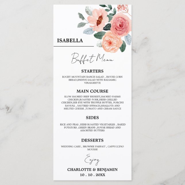 Custom Guest Name Floral Wedding Buffet Menu  (Front)