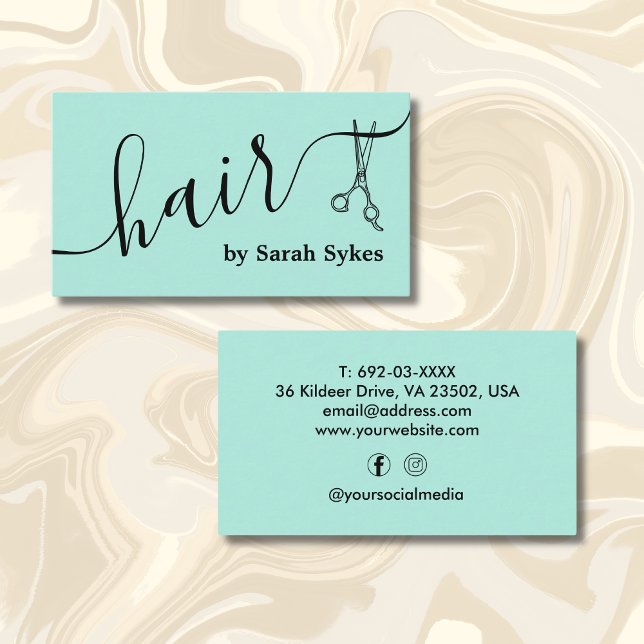 Custom Hair Stylist Scissor Calligraphy Mint Green Business Card (Creator Uploaded)