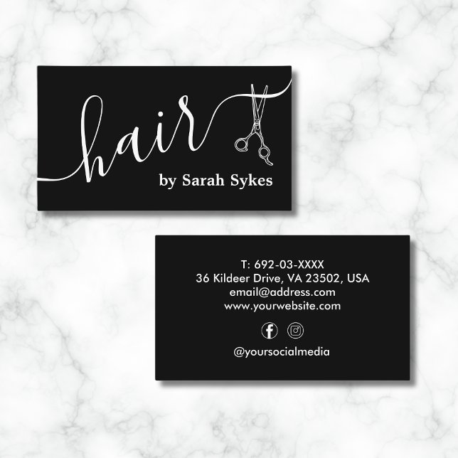 Custom Hair Stylist Scissors Script Barber Black Business Card (Creator Uploaded)