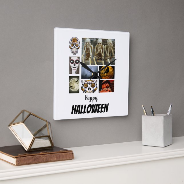 Custom Halloween 8 Photo Collage    Square Wall Clock (Office)
