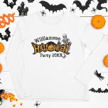 Custom Halloween Annual Party Skeleton Long Sleeve T-Shirt<br><div class="desc">Cool custom annual Halloween party long sleeve t-shirt that features a creepy skeleton hanging over spooky orange and black text and an awesome Jack O Lantern. Customise with your big bash information for all of your guests or family members.</div>