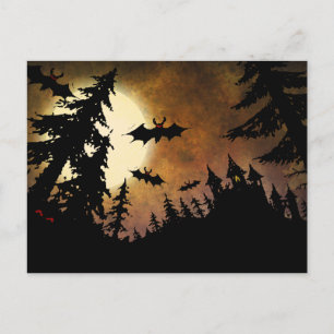 Custom Halloween Bats, Castle and Moon Postcard