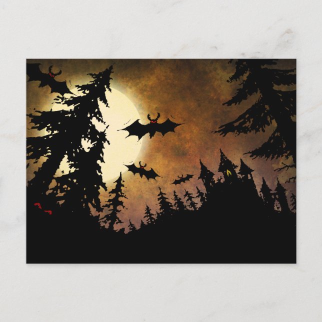 Custom Halloween Bats, Castle and Moon Postcard (Front)