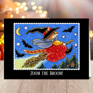 Custom Halloween Cat Witch Broomstick Card