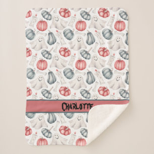 Custom Halloween Cute Ghost Bone Candle Pumpkin Sherpa Blanket