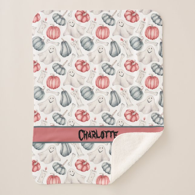 Custom Halloween Cute Ghost Bone Candle Pumpkin Sherpa Blanket (Front)