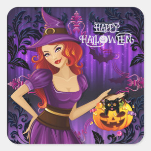 Custom Halloween Cute Spooky Whimsical Witch Square Sticker