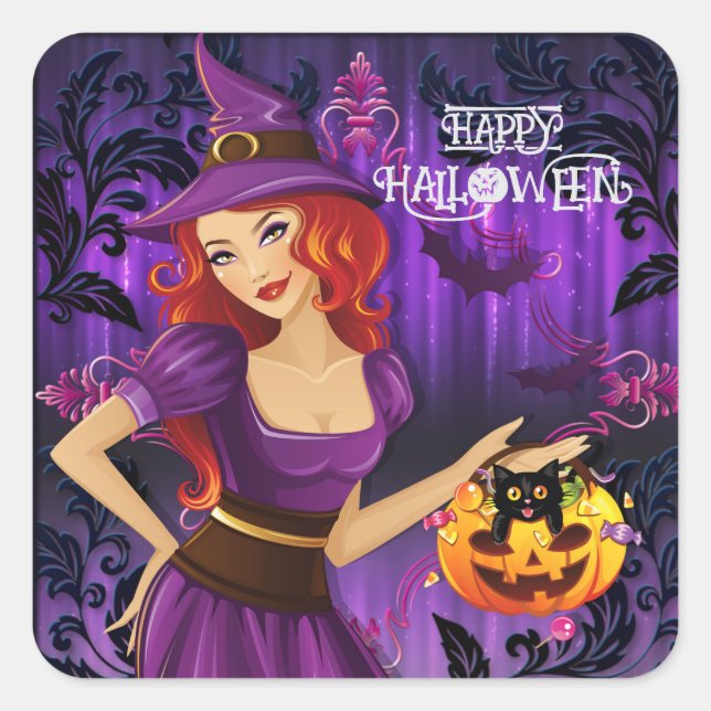 Custom Halloween Cute Spooky Whimsical Witch   Square Sticker (Front)