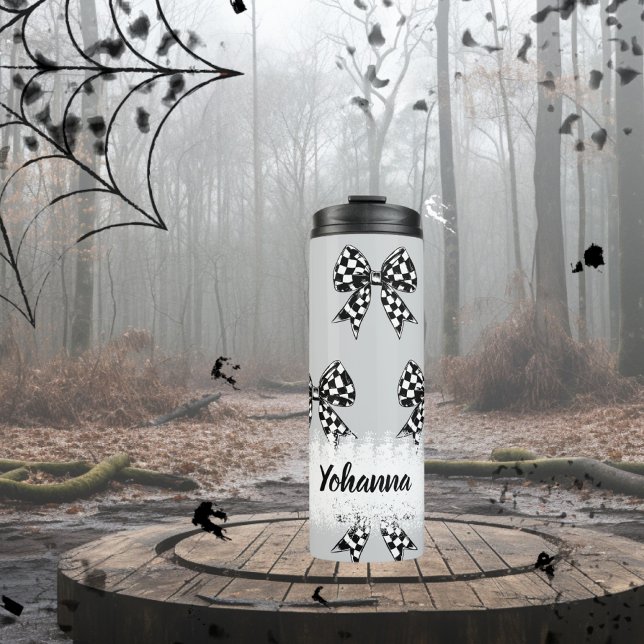  Custom Halloween grey checked bows Coquette Thermal Tumbler (Custom Halloween grey checked bows Coquette Thermal Tumbler)