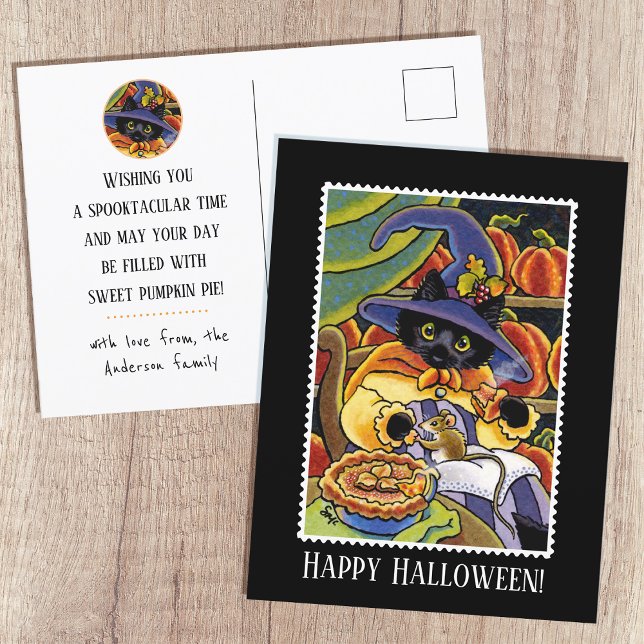 Custom Halloween Pie Witch Black Cat Mouse Postcard (Creator Uploaded)
