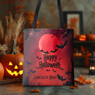 Custom Halloween Tote with Bats and Red Moon