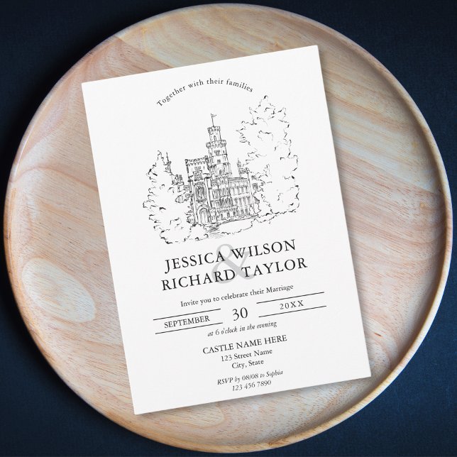 Custom Hand Drawn Castle Venue Illustration Invitation (castle had drawn illustration of the wedding venue, black ink on white paper)